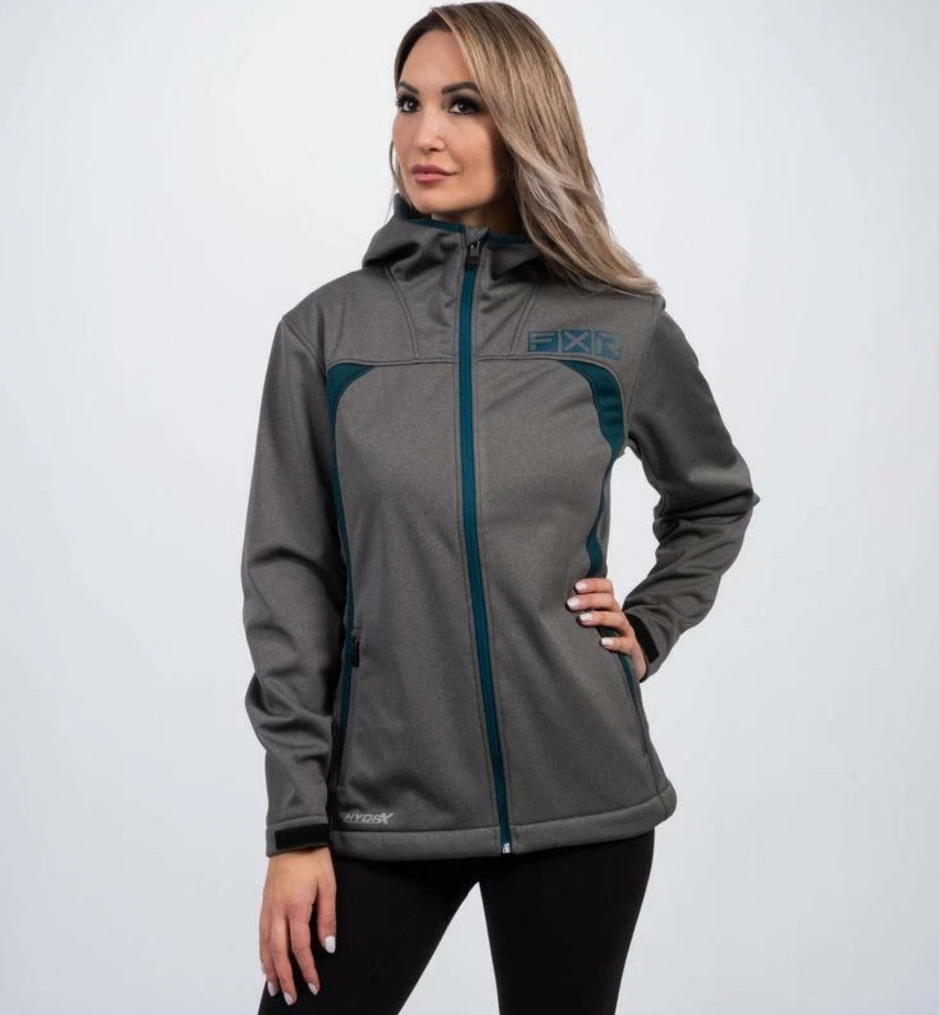 Share FXR Women's Ridge Softshell Hoodie Grey & Blue 212200-0757
